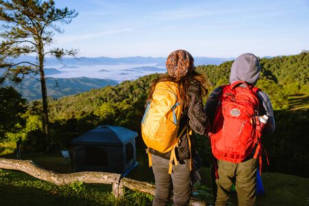Young couple Camping Hiking Journey Travel Trek Concept, Holiday travel,  Travel relax, Natural...