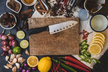Healthy food herbs Spices for use as cooking ingredients on a wooden background with Fresh organic vegetables on wood. The concept of food ingredients with Variety on the rustic table.の写真素材
