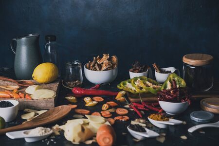 Healthy food clean eating selection leaf vegetable fruit on gray  concrete background. Healthy food herbs Spices for use as cooking ingredients with Fresh organic vegetables food in the kitchen.の写真素材