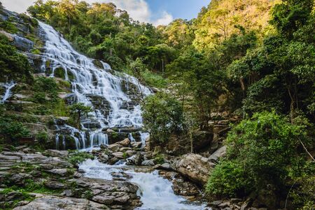 Mountain waterfall river stream view. Mountain forest waterfall landscape Mae Ya Waterfall, Chiang Mai, Thailand.の写真素材