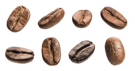Set of fresh roasted coffee beans isolated on white background. Coffee beans close up, Espresso darkの写真素材