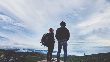 Lover Men and women Asia travel relax. Morning atmosphere nature Forests, mountains. Phu Thap Buek...