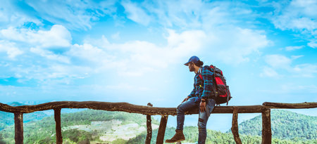 men Asian travel nature. Travel relax. Natural Touch countryside. On the Moutain.  At summer.の写真素材