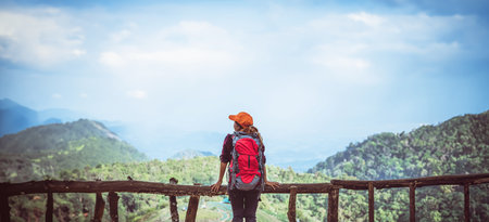 woman asian travel nature. Travel relax. Natural Touch countryside. On the Moutain.  At summer.