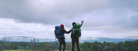 Asian couples travel nature on the mountains in winter.Travel relax. Natural touch countryside at doi inthanon in Thailand.の写真素材