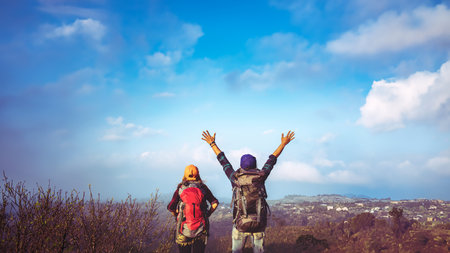 Lover woman and man Asian travel nature. Travel relax. Natural Touch countryside. On the Moutain. Thailandの写真素材