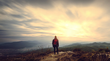 woman asians travel relax in the holiday. Admire the atmosphere landscape on the Moutain. Mountain...