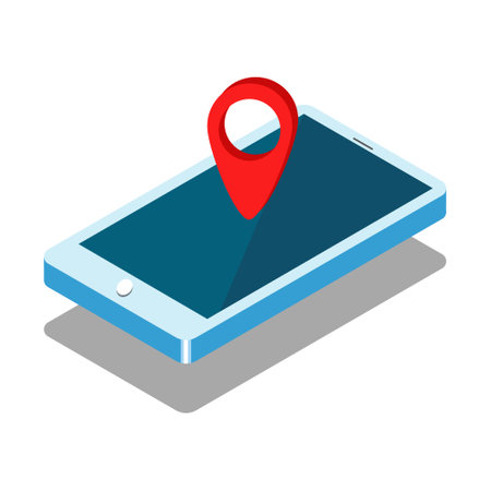 Mobile GPS navigation concept. Isometric phone mockup, blue smartphone in realistic style isolated on white background. 3d vector illustration.のイラスト素材