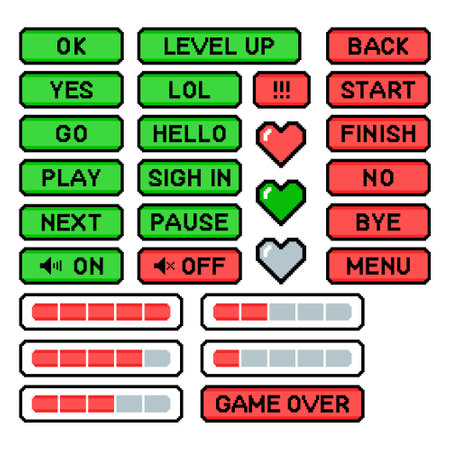 Pixel game menu buttons. Game 8 bit ui controller level and live bars, menu, stop, play buttons. Vector illustration isolated on white background. vector illustration setのイラスト素材