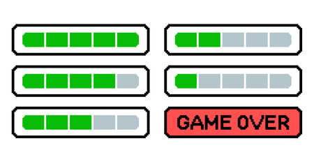 game buttons. A retro vintage 8 bit game over screen, countdown: five lives. Vector illustration isolated on white background.のイラスト素材