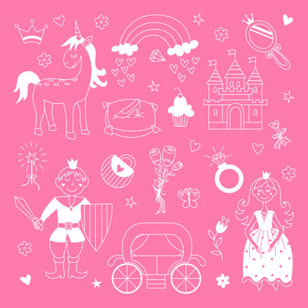 princess set. Hand drawn child illustration. Beautiful princesses, prince, castle, carriage and accessories. Vector illustration isolated on white background. EPS 10のイラスト素材