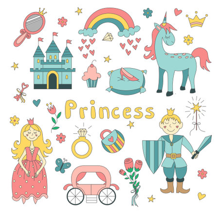 princess set. Hand drawn child illustration. Beautiful princesses, prince, castle, carriage and accessories. Vector illustration isolated on white background. EPS 10のイラスト素材