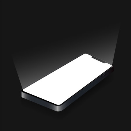 Glowing smartphone with blank screen on black desktop. front view. Dark banner with a smartphone in black color. 3d mobile phone. Vector illustration isolated on black background. EPS 10のイラスト素材