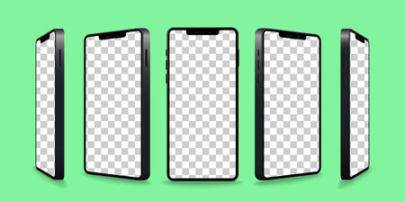 Smartphone mockup collection. Realistic smartphone models with transparent screens. device front view. 3D mobile phone with shadow. Vector illustration isolated on green background. EPS 10のイラスト素材