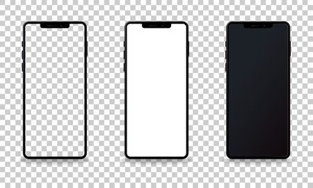 Smartphone mockup collection. Realistic smartphone models with transparent, white and black screen. device front view. 3D mobile phone with shadow. Vector illustration isolated on transparent background. EPS 10のイラスト素材