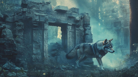 A majestic wolf roams through an ancient, misty forest, surrounded by crumbling stone ruins. The ethereal atmosphere evokes a sense of mystery and wild beauty in nature. Generative AIの素材