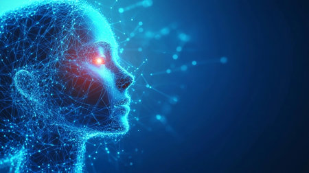 A futuristic representation of a human face composed of glowing particles and digital lines, symbolizing artificial intelligence and technological advancement. Generative AIの素材