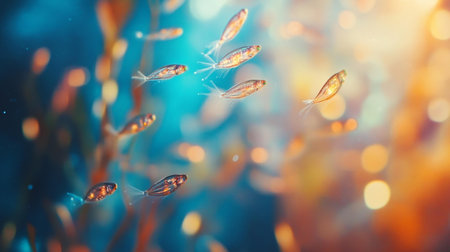 A vibrant underwater scene featuring small fish swimming among colorful aquatic plants, illuminated by soft light. This image captures the beauty and tranquility of marine life. Generative AIの素材