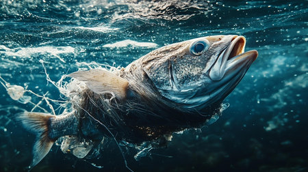 A vibrant underwater scene featuring a fish swimming through clear blue water, showcasing the beauty of marine life and the importance of ocean conservation. Generative AIの素材