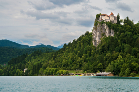 Bled castle with lake in foreground in Sloveniaのeditorial素材
