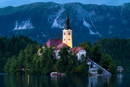Bled island at dusk in Sloveniaの写真素材