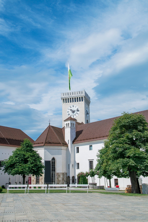 Courtyard of the Ljubljana Castle with tower in Sloveniaのeditorial素材