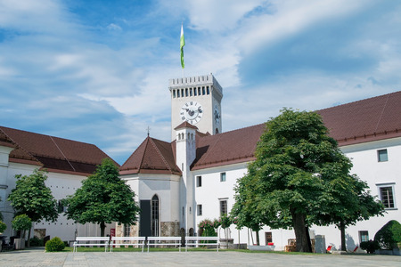 Courtyard of the Ljubljana Castle with tower in Sloveniaの写真素材