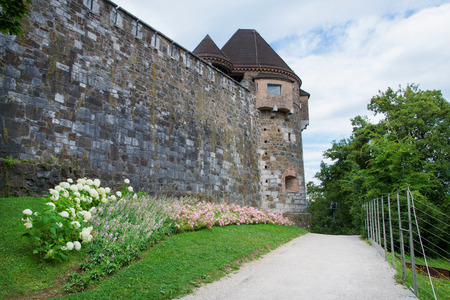 Back of the Ljubljana Castle with tower in Sloveniaのeditorial素材