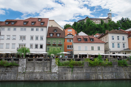 Old town of Ljubljana with castle and river, Sloveniaのeditorial素材