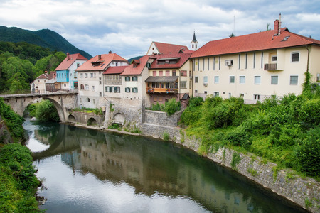 Old town of Skofja Loka with river, Sloveniaのeditorial素材