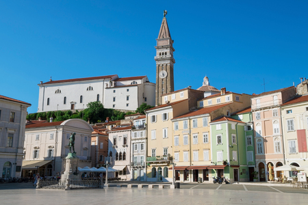 Church of St. George and Tartini Square in Piran, Sloveniaの写真素材