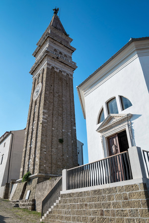 Church of St. George bell tower in Piran, Sloveniaの写真素材