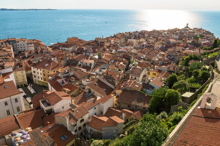 Above view of Piran surrounded by the Adriatic Sea, Sloveniaの写真素材