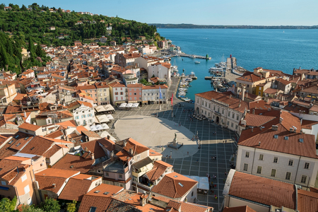 Above view of Piran with port and Tartini Square, Sloveniaの写真素材