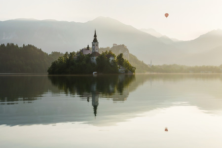 Air balloon over Lake Bled in Sloveniaの写真素材