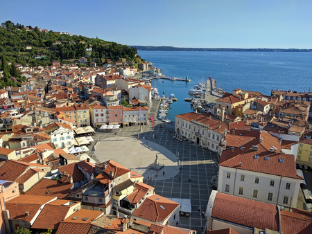 View of Piran from above with port and Tartini Square in Sloveniaの写真素材