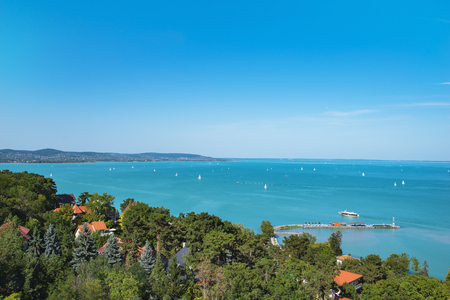 View of Lake Balaton with ships from Tihany, Hungaryの写真素材