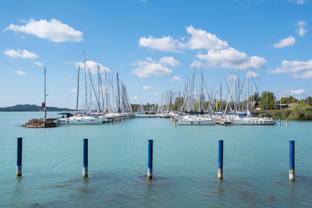 Port of Balatonfured and Lake Balaton with boats, Hungaryの写真素材