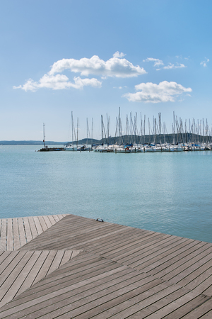 Port of Balatonfured and Lake Balaton with boats, Hungaryの写真素材