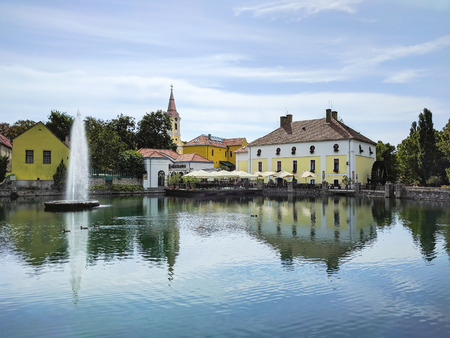 Fountain on Mill Pond in Tapolca near Balaton, Hungaryの写真素材