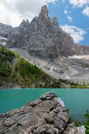 Lake Sorapiss in summer in Dolomites, Italyの写真素材