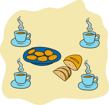 Tea with bakery products. Hand drawn vector illustration.のイラスト素材