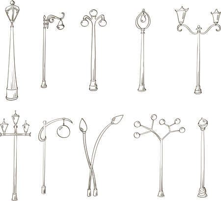 Set of street lights. Vector doodle black and white illustration.のイラスト素材