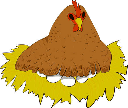 Cartoon hen on nest with eggs. Vector doodle illustration.のイラスト素材