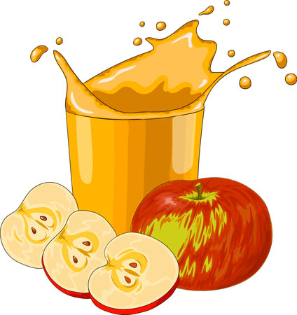 Apple juice in glass with red apple and slices. Cartoon vector illustration.のイラスト素材