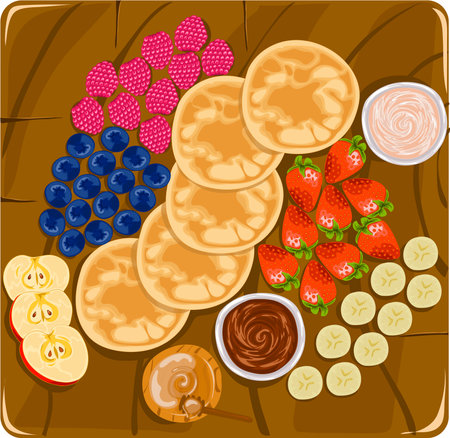 Pancake board with berries, banana and apple slices, chocolate and vanilla sauses and honey. Top view cartoon illustration.のイラスト素材