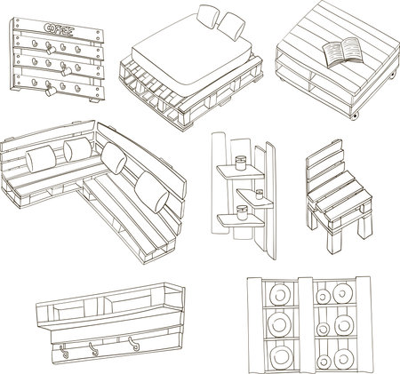 Set of home furniture from wooden pallet, how to use pallet in your interior. Doodle vector illustration.のイラスト素材