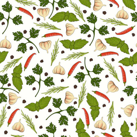 Seamless pattern with spices and herbs. Cartoon style vector illustration.のイラスト素材