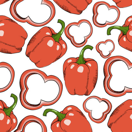 Paprika, bell pepper seamless pattern on white background. Artistic style vector illustration.のイラスト素材
