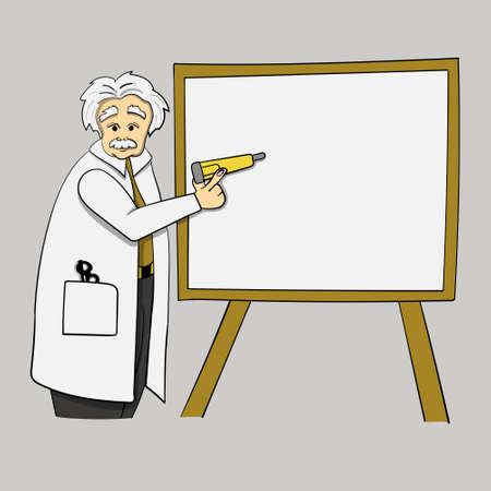 Scientist professor holding a marker or a pen and standing near a board. Cartoon style vector...